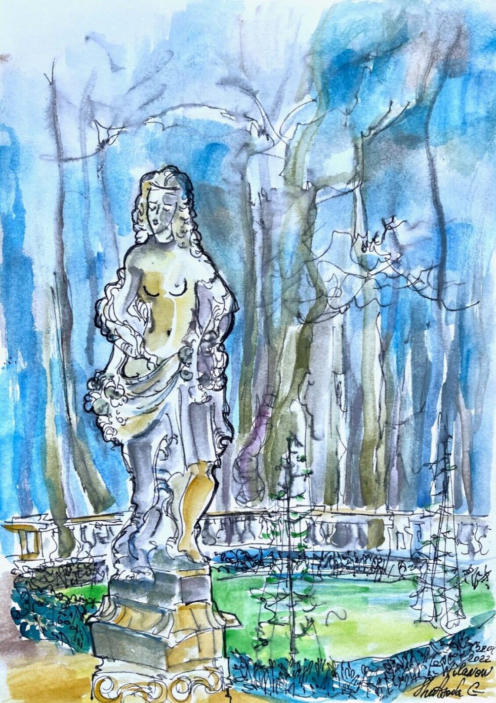 ORIGINAL-watercolor-painting-with-ink-impressionism-modernism-Wilanow-Palace-275344745730