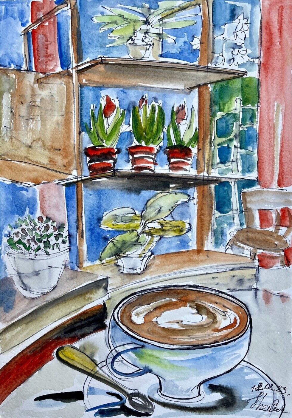 Original-watercolor-painting-modernism-Warsaw-cafe-interior-4-275851536850