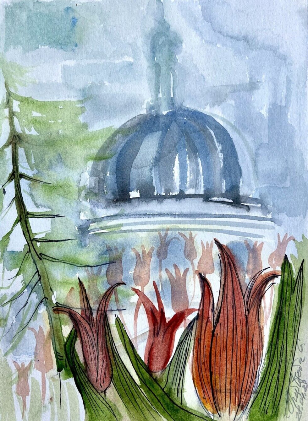 Original-watercolor-painting-modernism-Wilanow-Garden-Warsaw-275851491540