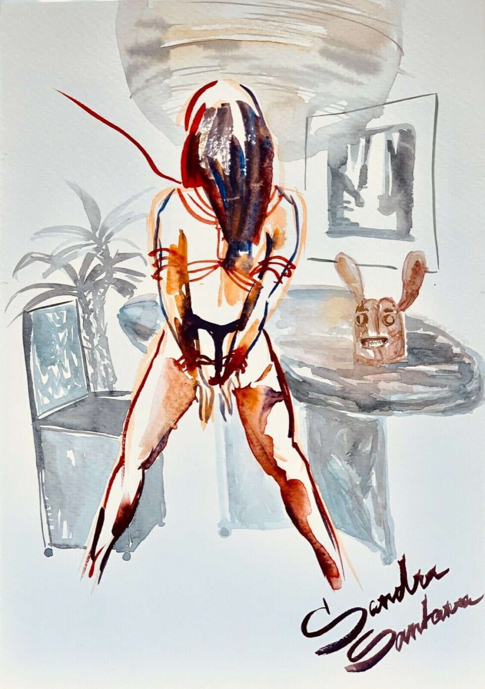 ORIGINAL-watercolor-painting-artwork-signed-girl-bondage-contemporary-art-274862053071