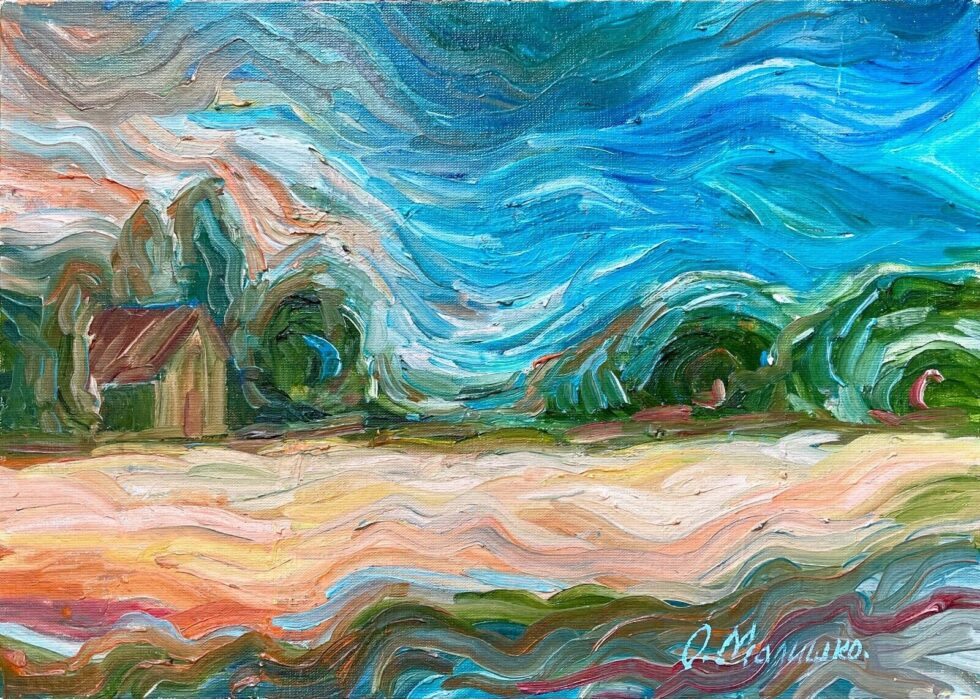 Original-oil-painting-on-board-landscape-with-house-and-blue-sky-275909889341