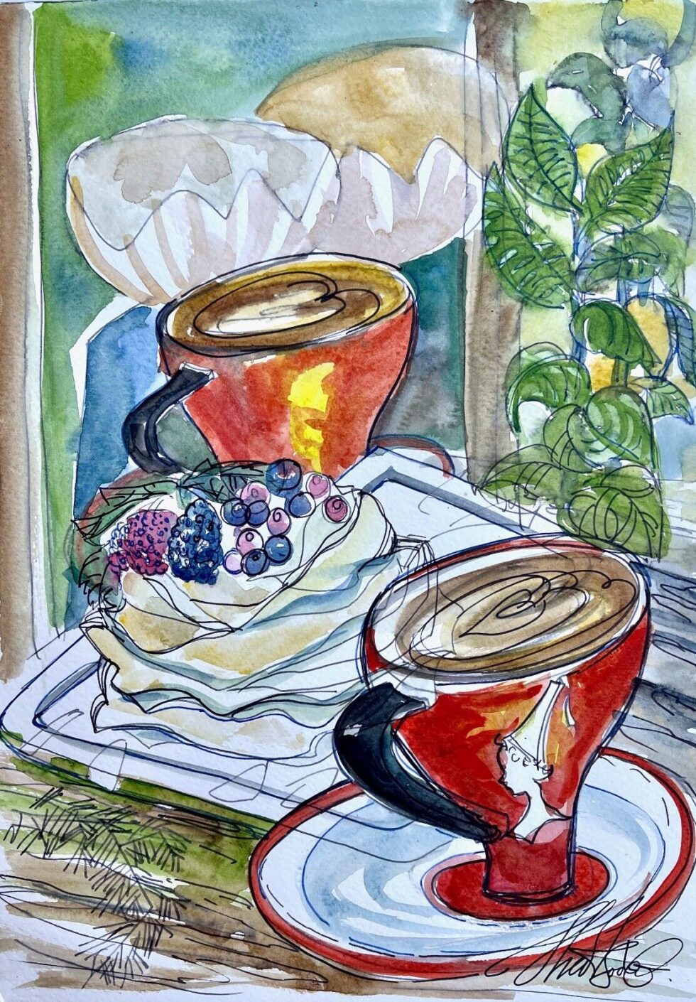 Original-watercolor-painting-modernism-Warsaw-cafe-interior-5-275851539941