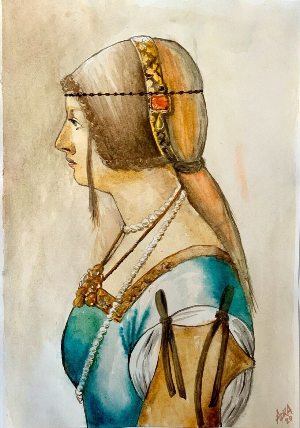ORIGINAL-Watercolor-painting-on-paper-portrait-SIGNED-vintage-style-A3-274564380622