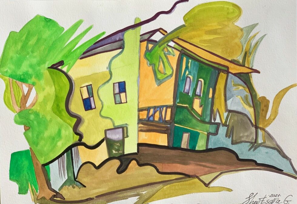 ORIGINAL-watercolor-painting-artwork-from-artist-signed-modernism-old-house-274799862972