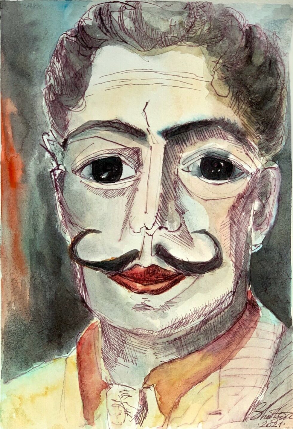 ORIGINAL-watercolor-painting-artwork-signed-man-with-moustache-modernism-274765748132