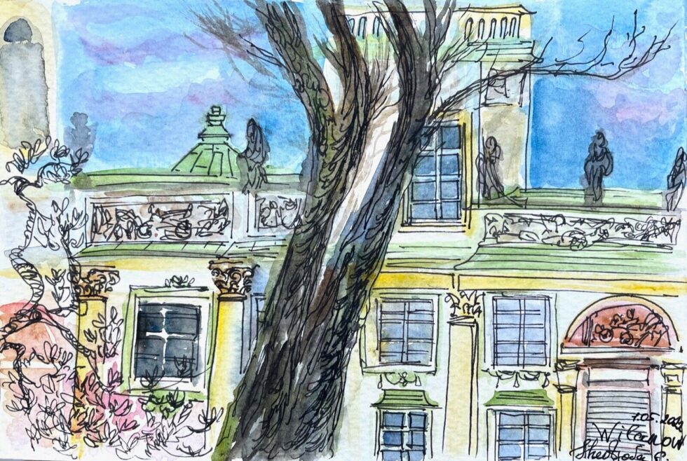 ORIGINAL-watercolor-painting-with-ink-impressionism-Wilanow-Royal-Palace-Warsaw-275344746433