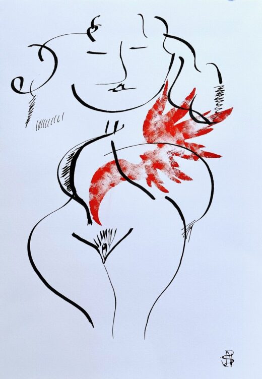 Original acrylic with ink painting 'Red Blossom' modernism drawing