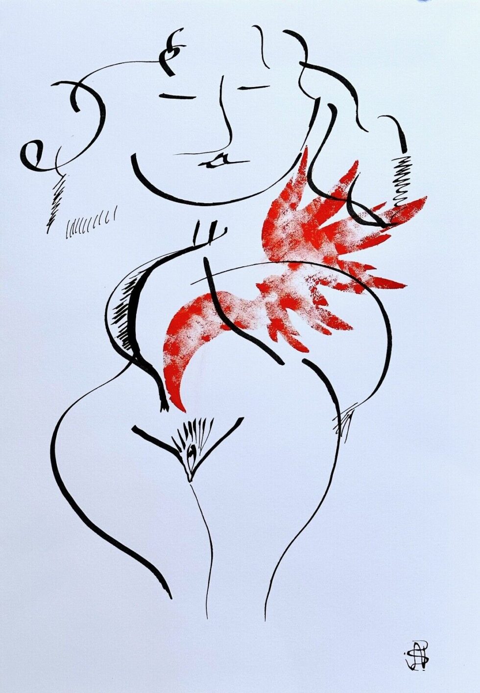 Original-acrylic-with-ink-painting-Red-Blossom-modernism-drawing-276024490013