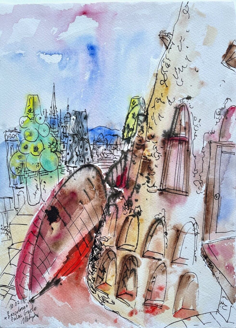 Watercolor-painting-original-with-ink-landscape-impressionism-Guell-Palace-BCN-275381460983