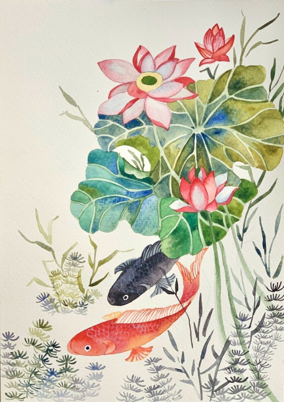 ORIGINAL-watercolor-painting-artwork-from-artist-koi-fish-signed-274799243864