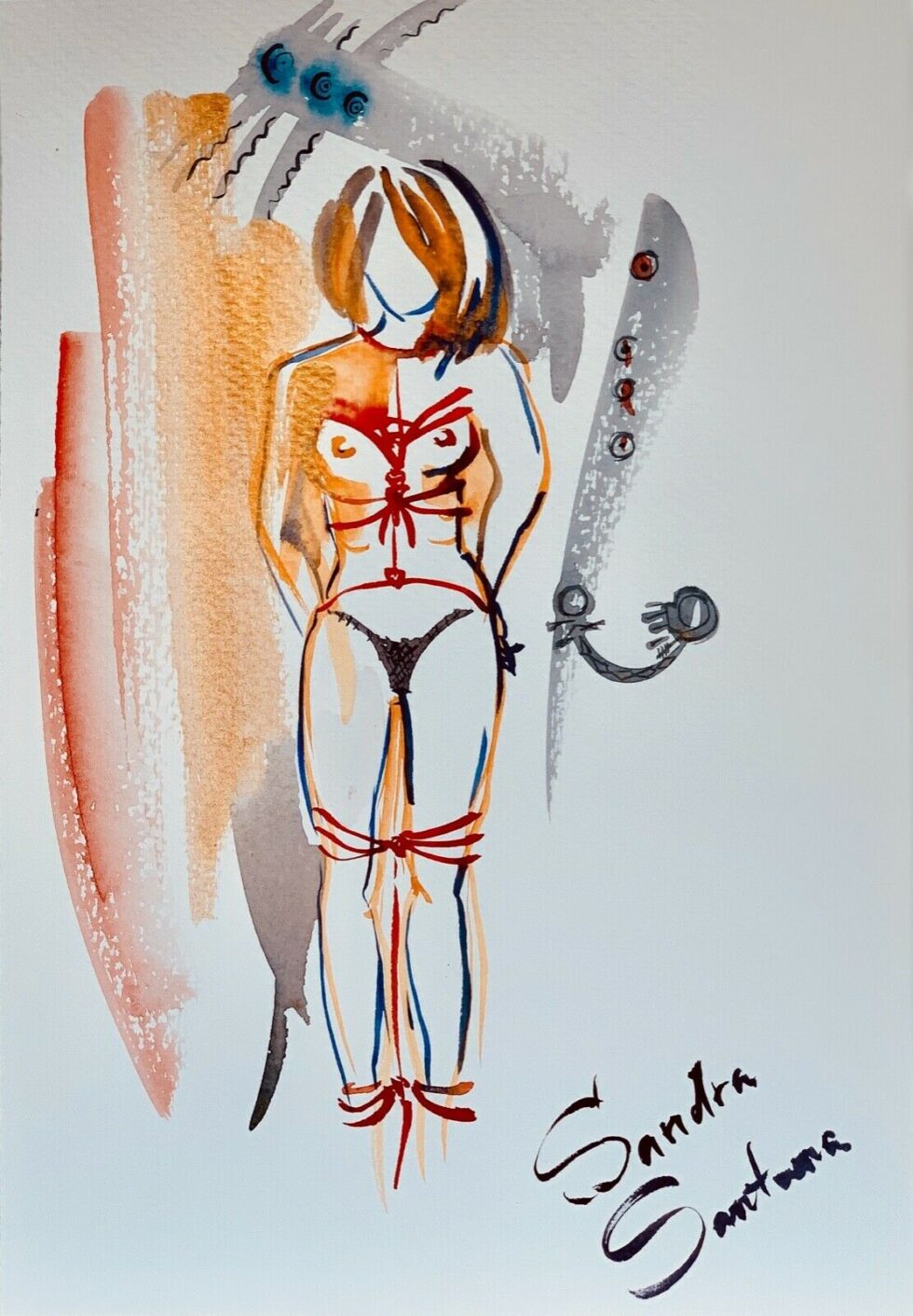 ORIGINAL-watercolor-painting-artwork-signed-girl-bondage-contemporary-art-274862057894