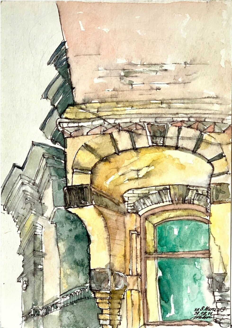 ORIGINAL-watercolor-painting-artwork-signed-illuminated-graphic-old-building-274737048624