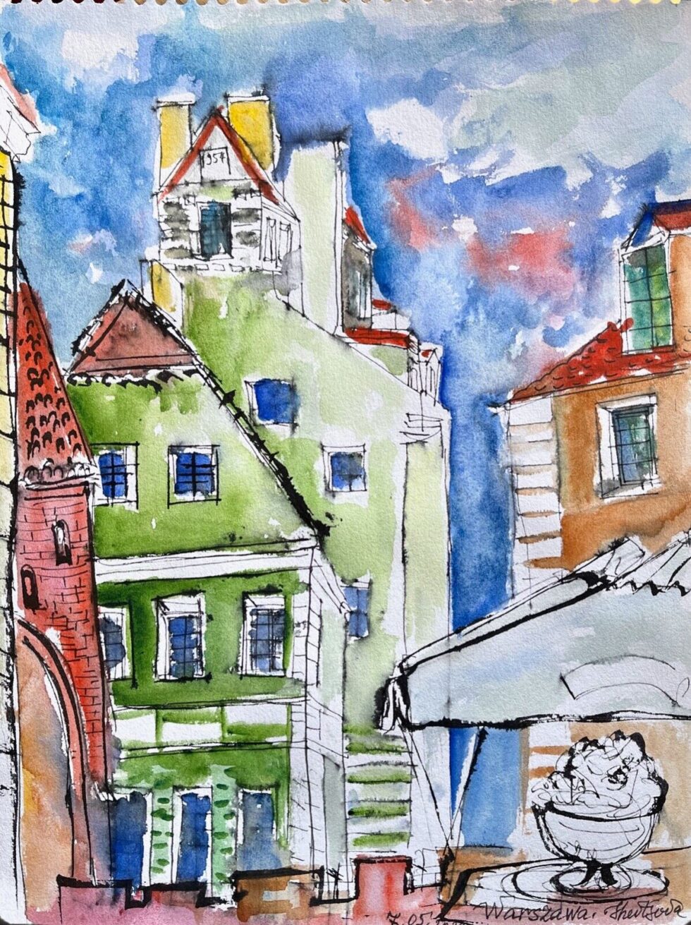 ORIGINAL-watercolor-painting-with-ink-impressionism-modernism-Warsaw-view-275344789664