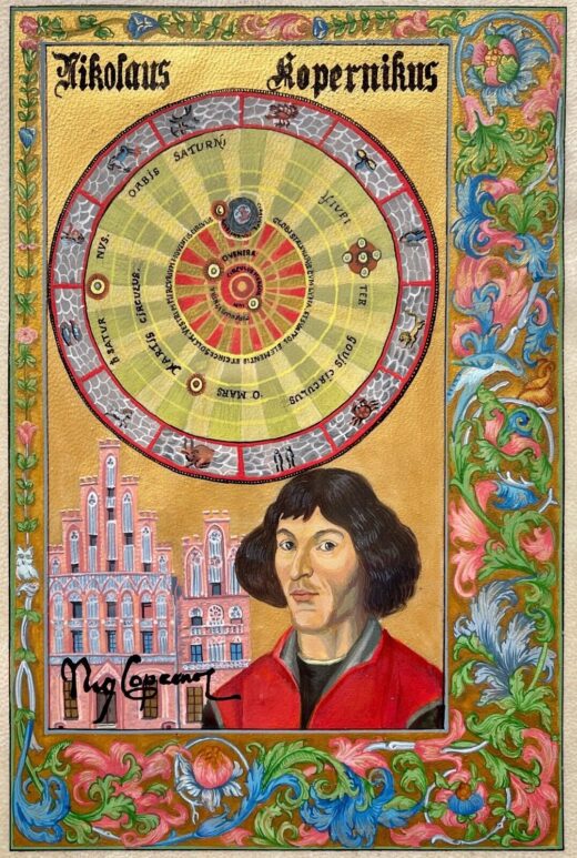 hand painted high quality reproduction of illuminated book leaf dedicated to Nicolaus Copernicus