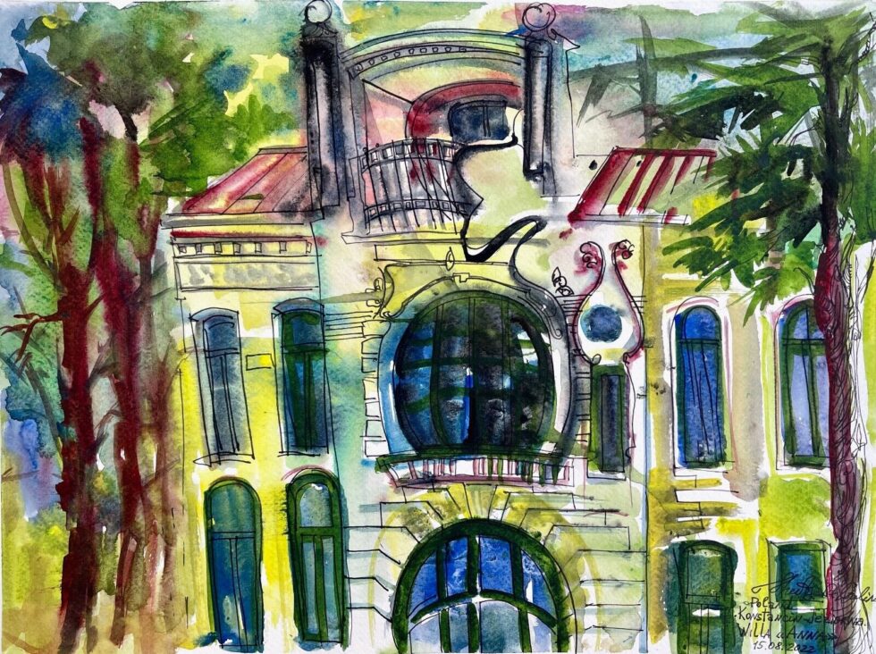 Original-watercolor-with-ink-painting-modern-villa-in-Poland-whimsical-art-275649753224