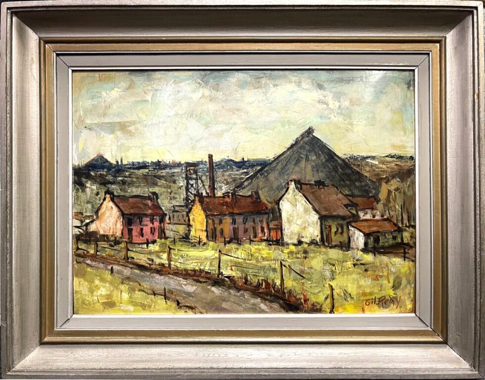 Vintage-oil-on-board-painting-Gilbert-Remy-landscape-with-mining-village-Belgium-275380929794
