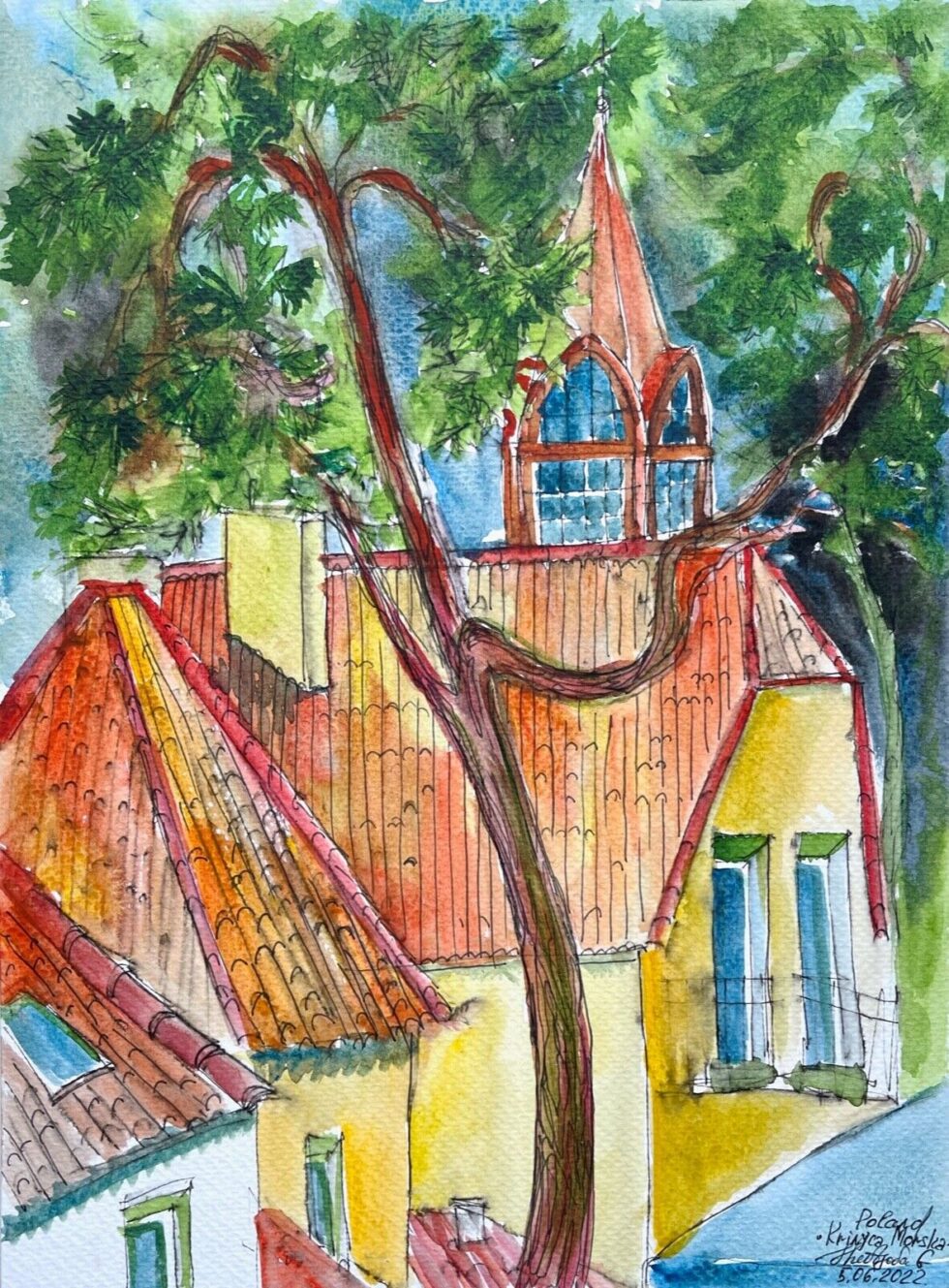 Watercolor-painting-original-with-ink-impressionism-Poland-Krynica-Morska-275387897644