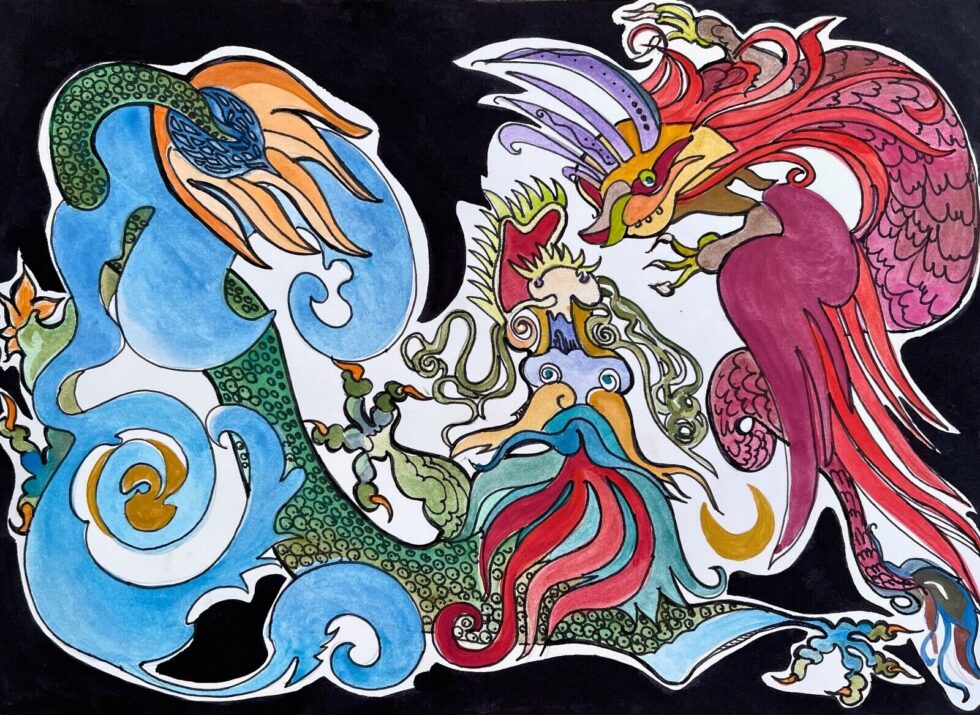 ORIGINAL-watercolor-painting-whimsical-art-Two-Dragons-275649779685