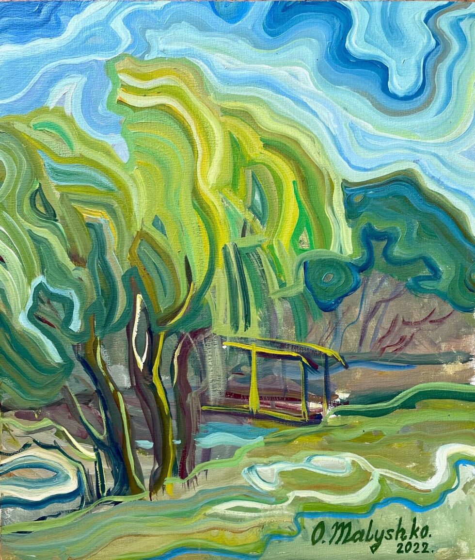 Original-oil-painting-on-board-landscape-with-trees-and-blue-sky-275909833325