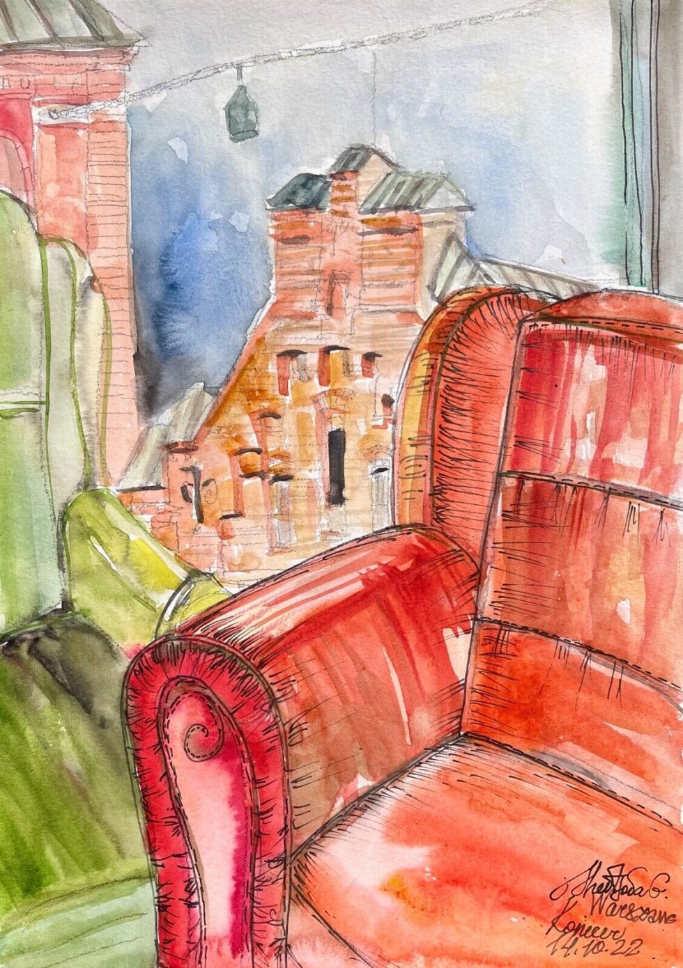 Original-watercolor-painting-cafe-interior-with-red-armchair-in-Warsaw-2-275713350665