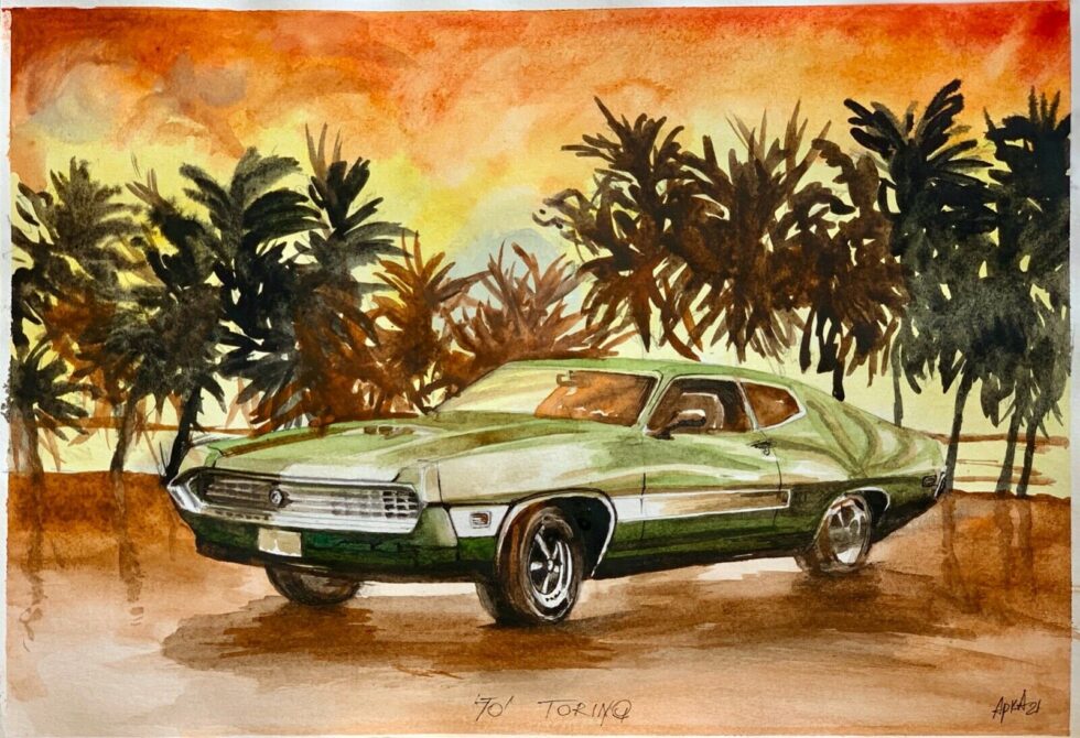 ORIGINAL-watercolor-painting-on-paper-Classic-American-Car-Retro-Vintage-Auto-274650335626