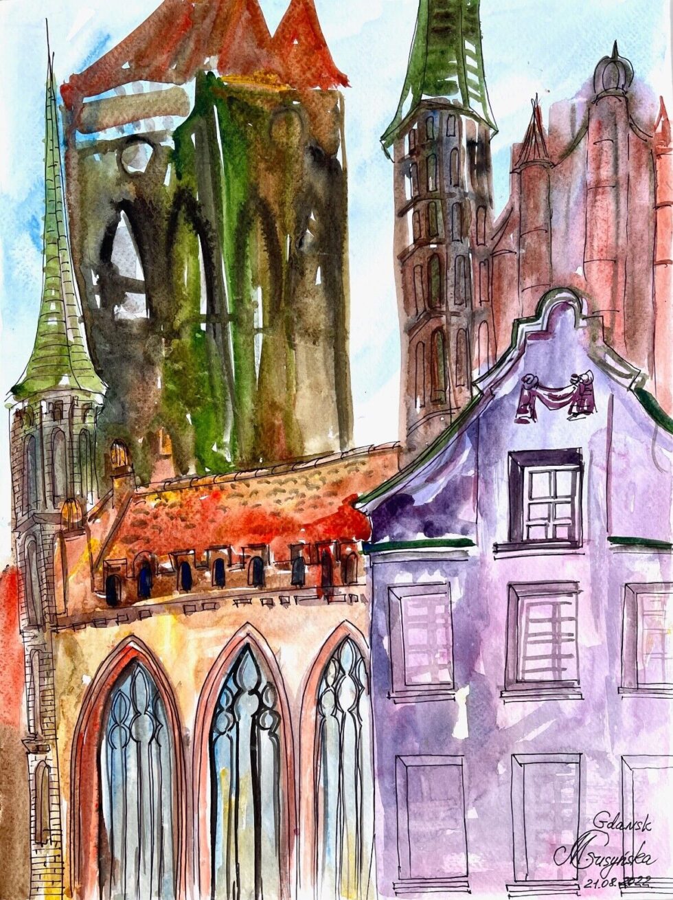 Original-watercolor-with-ink-painting-modernism-Gdansk-Poland-275649646276