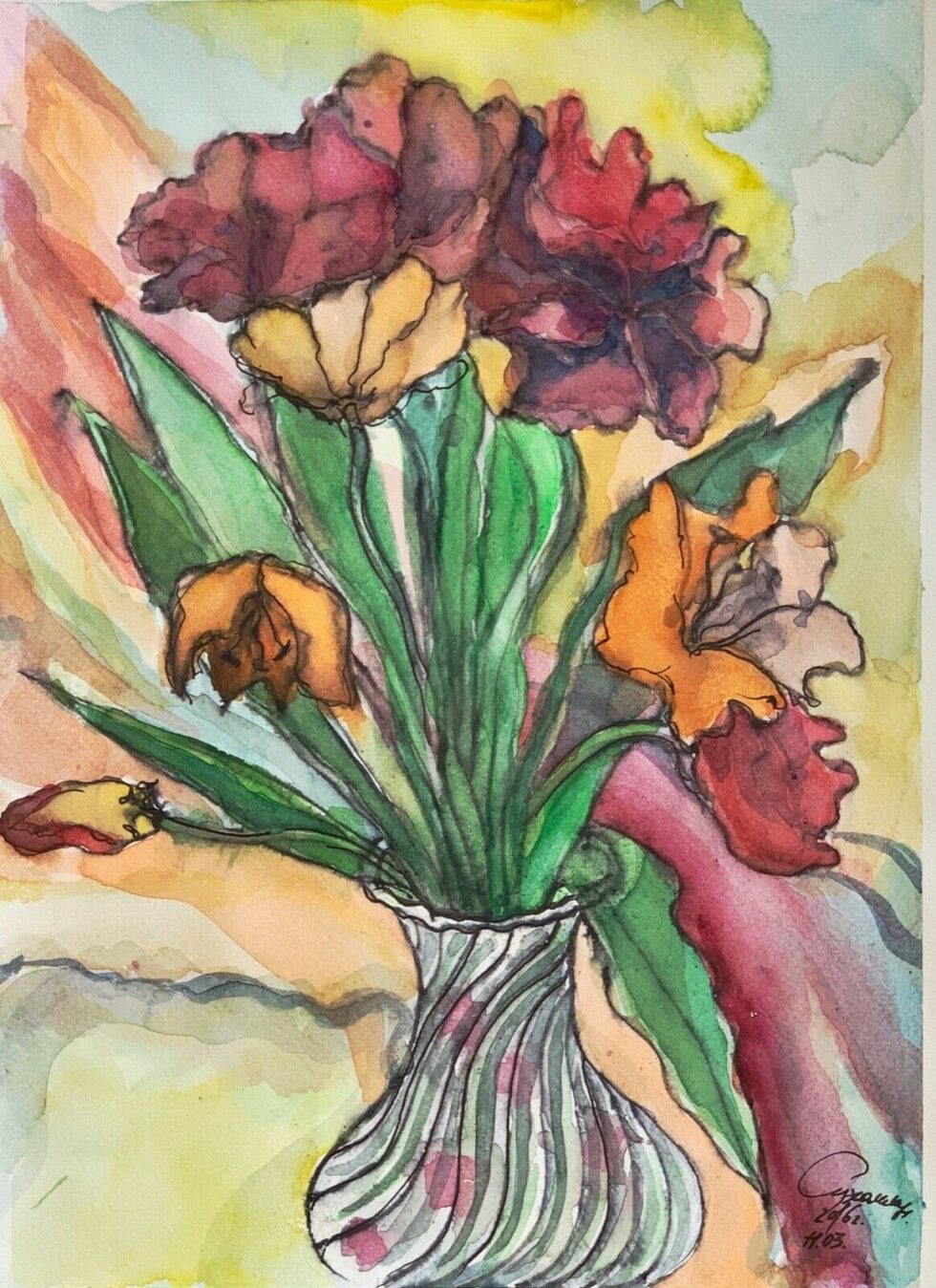 ORIGINAL-watercolor-painting-artwork-from-artist-signed-tulips-modernism-art-274772887787