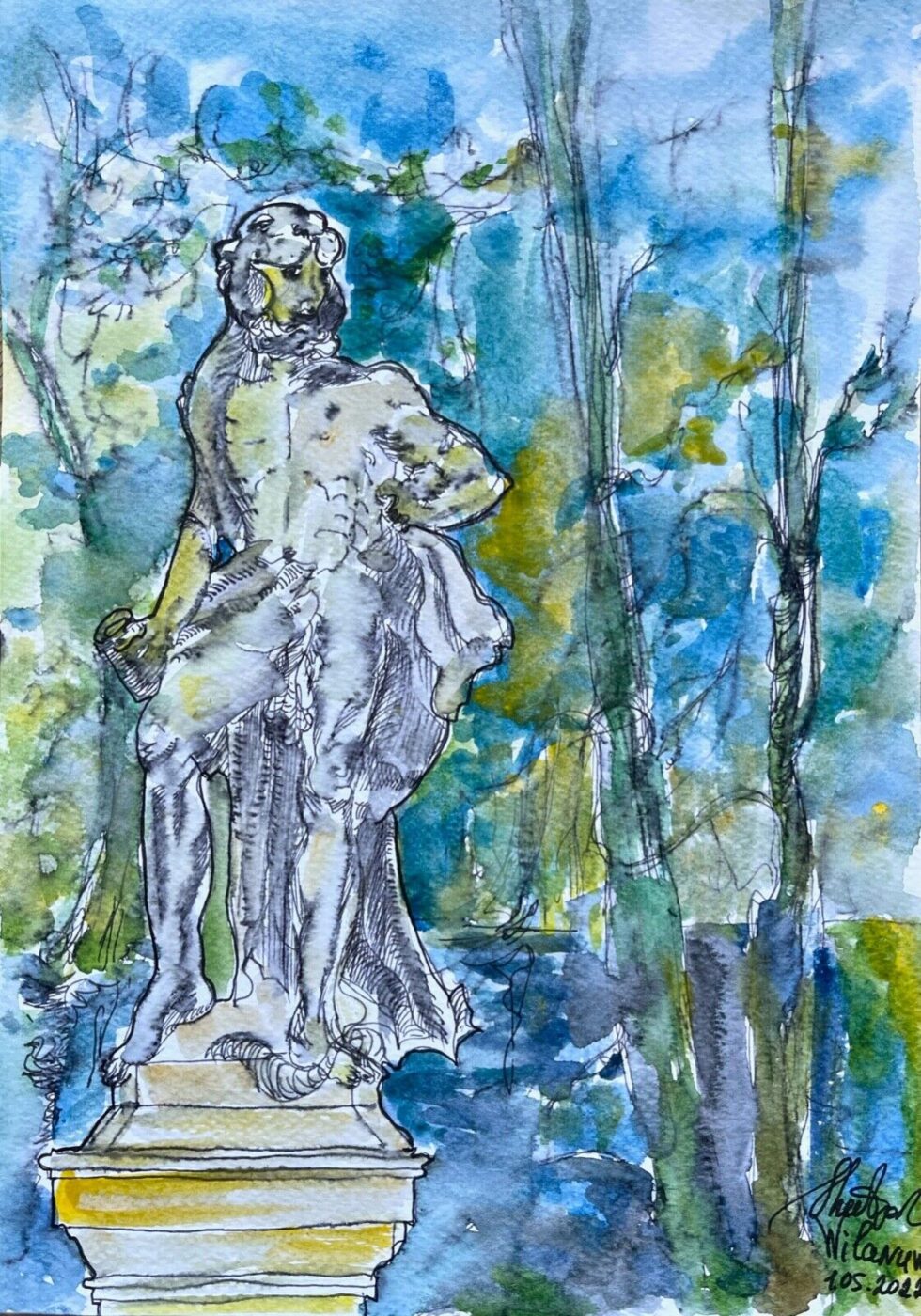 ORIGINAL-watercolor-painting-with-ink-impressionism-modernism-Wilanow-Palace-275344746437