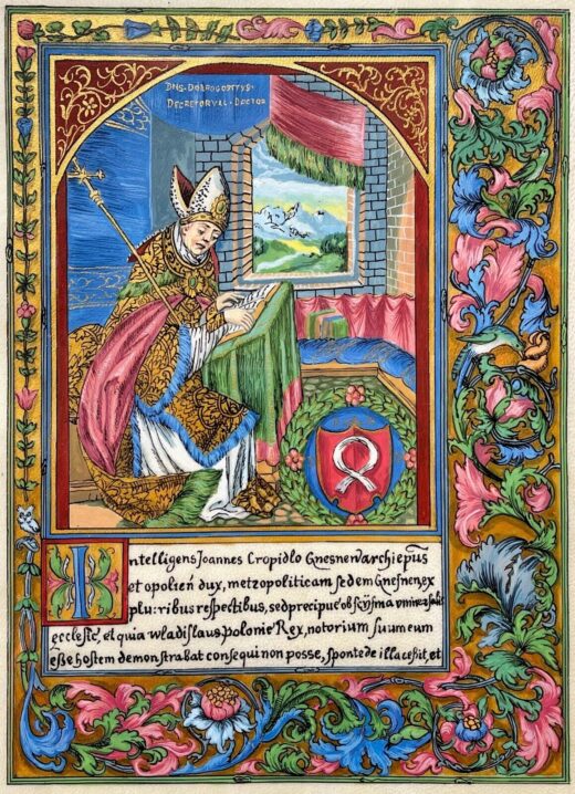 illuminated manuscript leaf of Catalogus archiepiscoporum gnesnensium by Jan Długosz