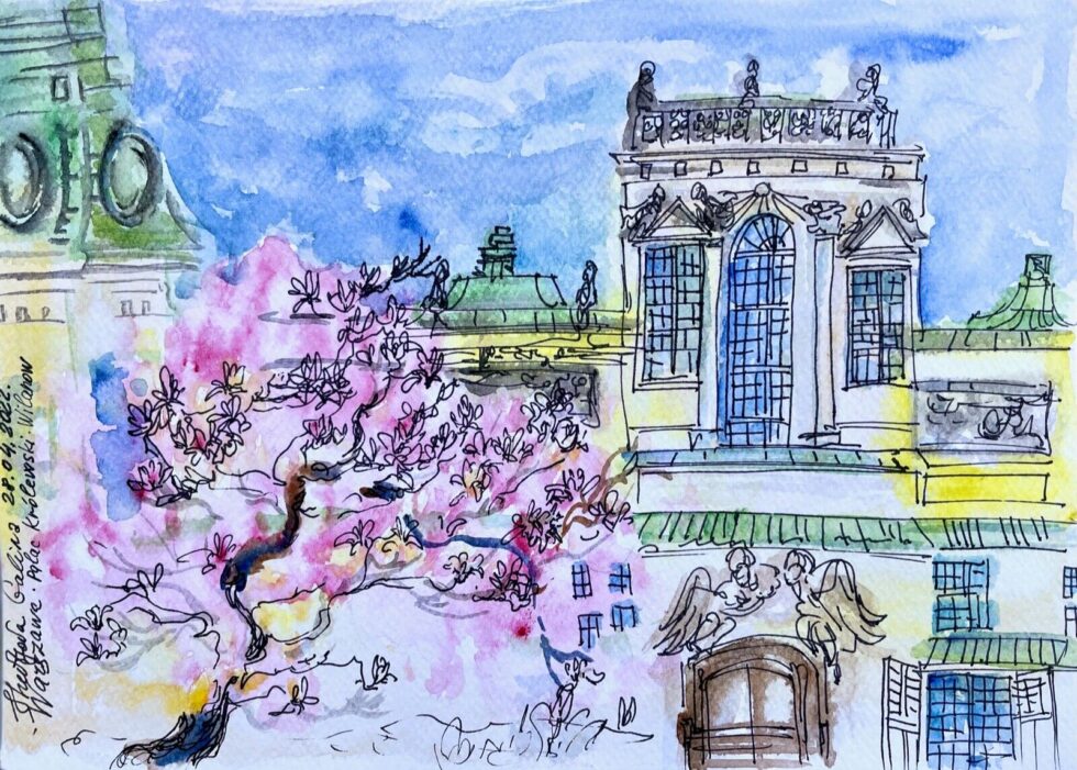 ORIGINAL-watercolor-painting-with-ink-impressionism-modernism-Wilanow-Palace-275344746458