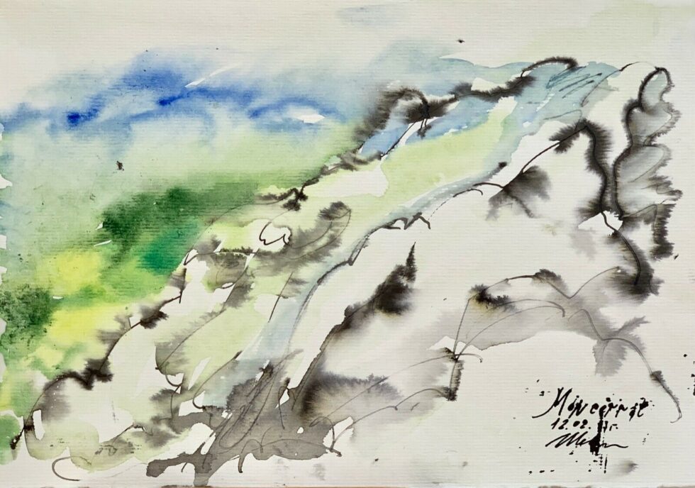 ORIGINAL-watercolor-painting-artwork-signed-modernism-Montserrat-mountain-274844635189