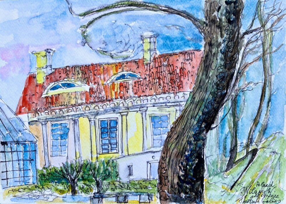 ORIGINAL-watercolor-painting-with-ink-impressionism-modernism-Wilanow-Palace-275344745749