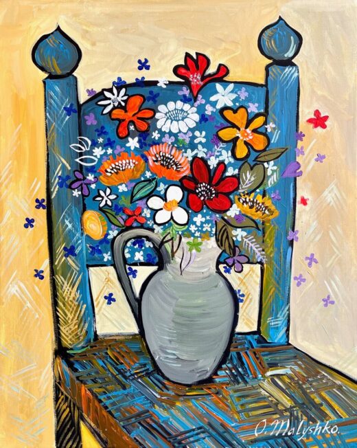 Original oil painting on canvas still life bouquet on a chair modernism