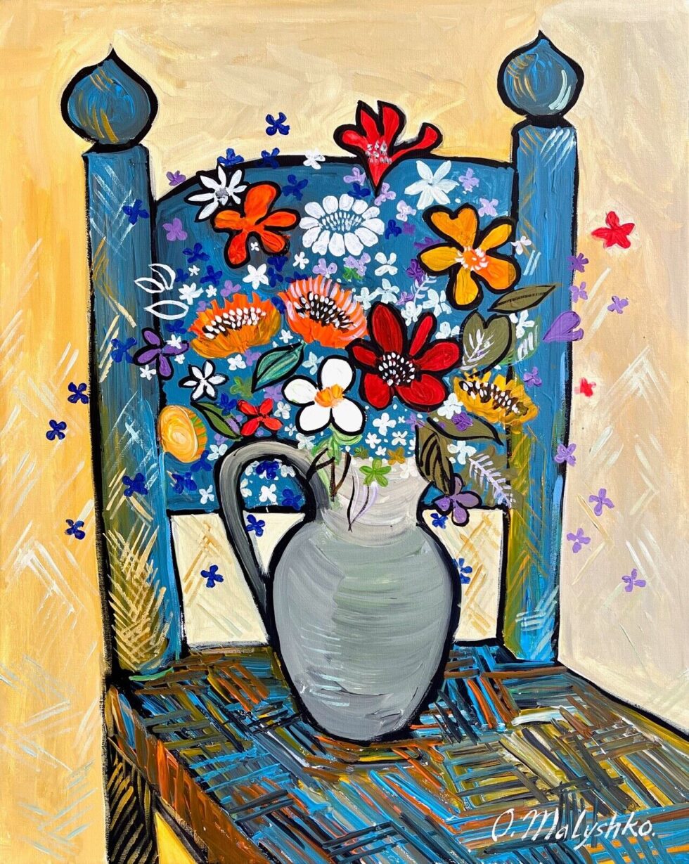 Original-oil-painting-on-canvas-still-life-bouquet-on-a-chair-modernism-275919244329