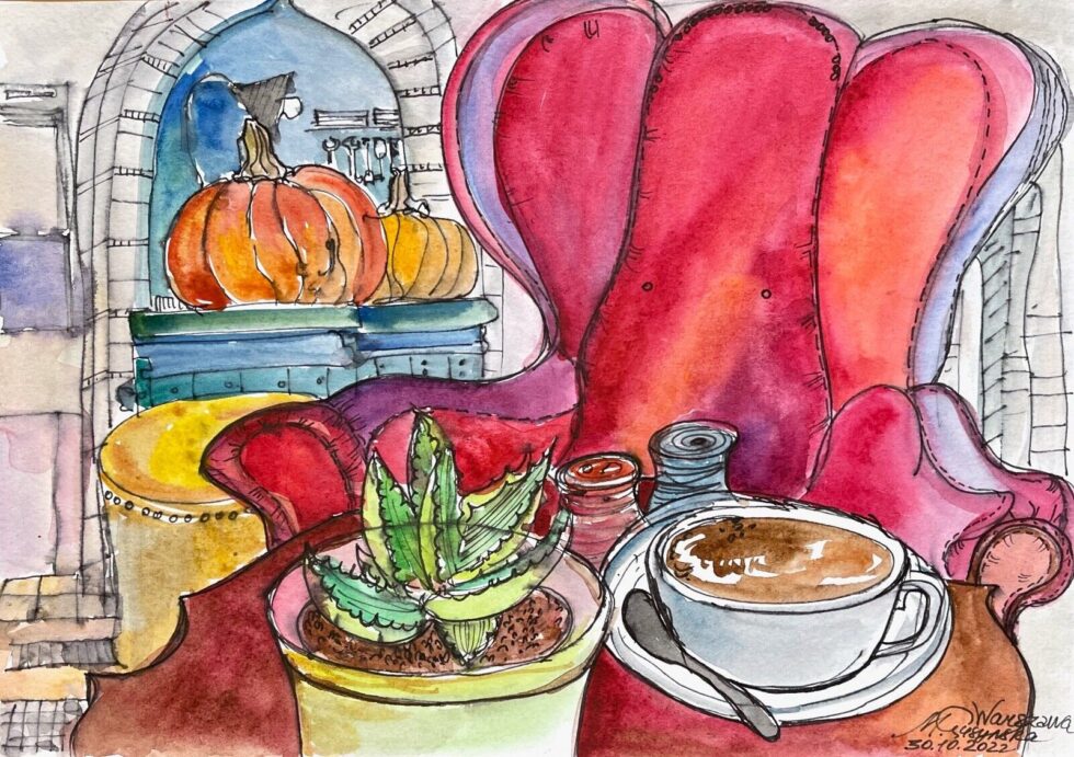 Original-watercolor-painting-cafe-interior-with-red-armchair-in-Warsaw-3-275713353789