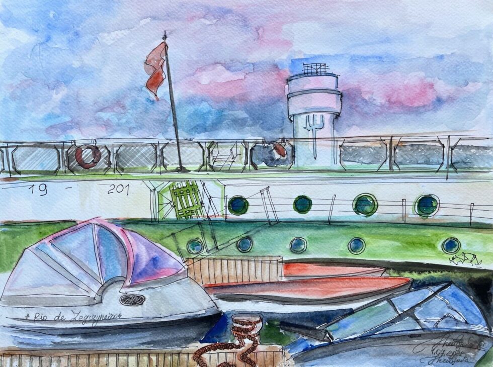 Original-watercolor-with-ink-painting-Zegrze-lake-in-Poland-modernism-275649831139